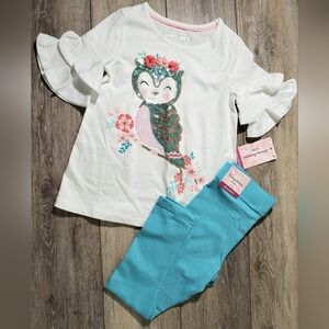 Tommy Bahama Girls White Sequined Owl Ruffled Top, Teal Blue Legging Set Size 4